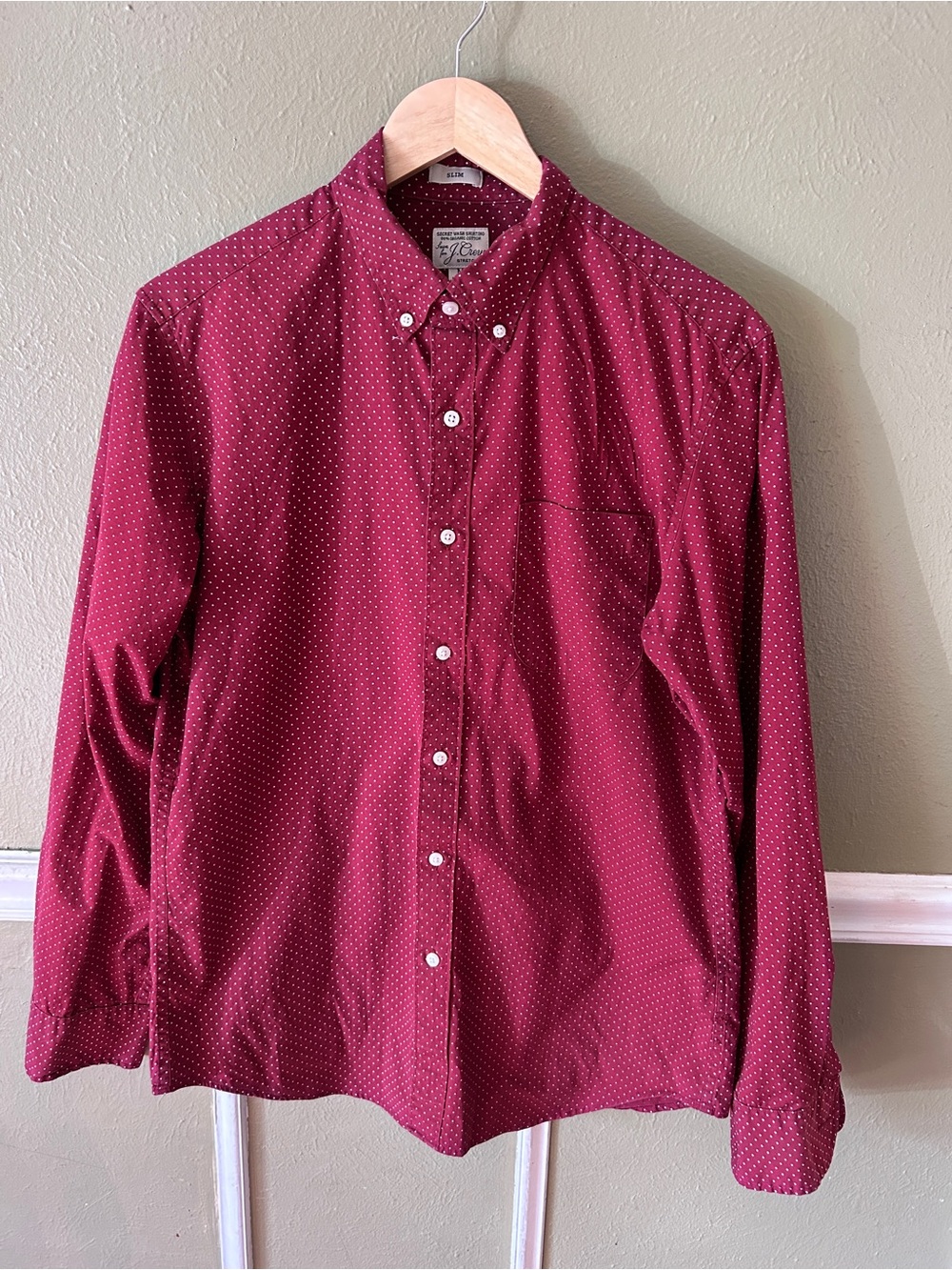 J. Crew Men's Burgundy Dot Button-Down Shirt Secret Wash Organic Cotton Preppy M
